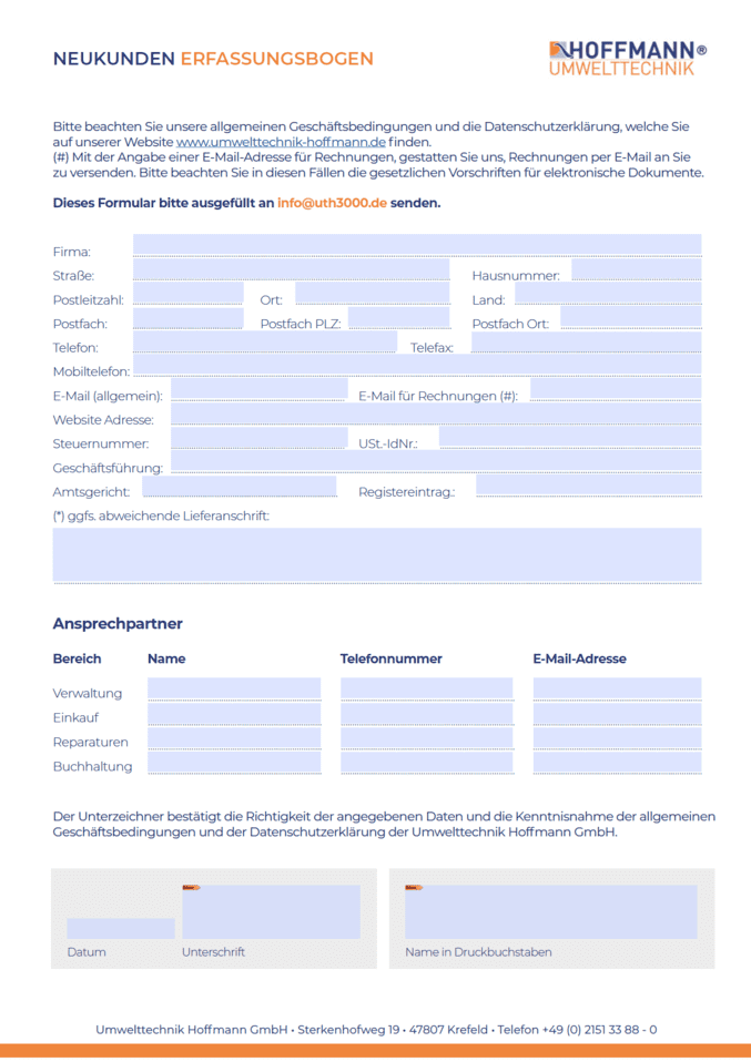 Abbildung Formular Neukunden Erfassungsbogen Umwelttechnik Hoffmann GmbH