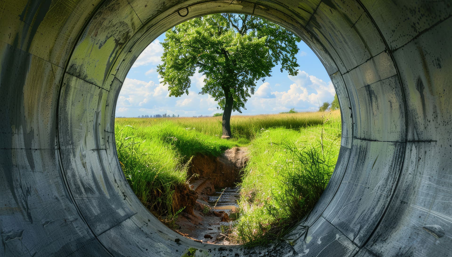 Abbildung Blick durch eine Kanalröhre in die grüne Natur mit einem Baum in der Mitte sowie einen Graben mit Wasser. Abbildung dient zur Bewerbung der Kanaltechnik Systeme der Umwelttechnik Hoffmann GmbH.