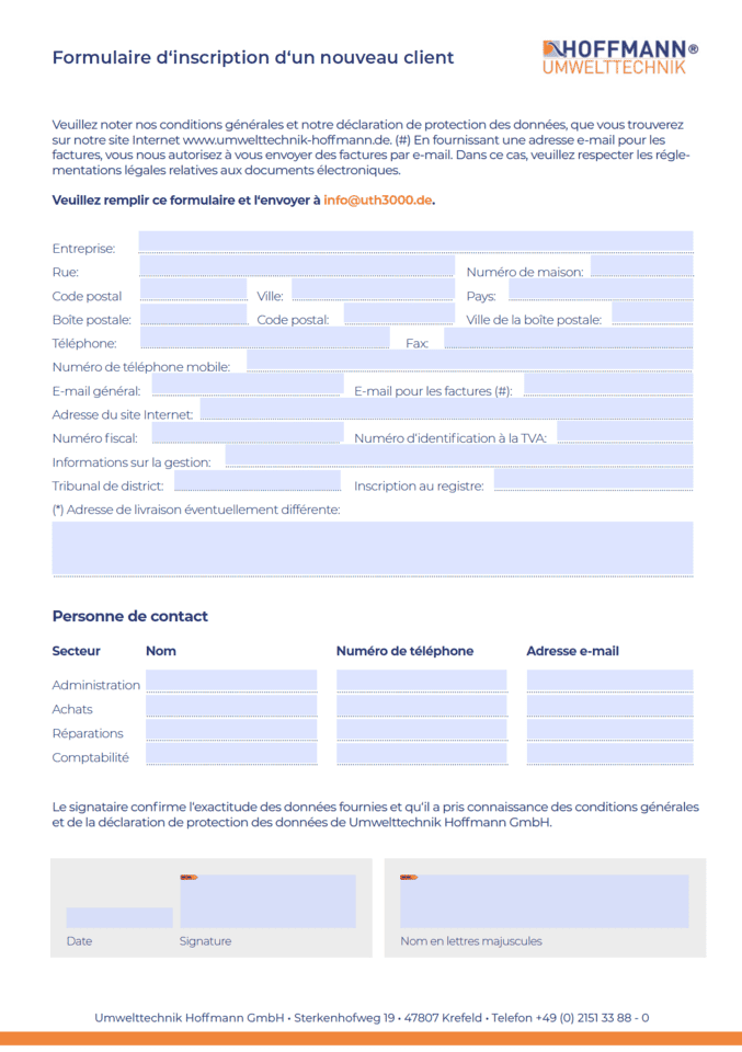 Abbildung Formular Neukunden Erfassungsbogen Französisch Umwelttechnik Hoffmann GmbH